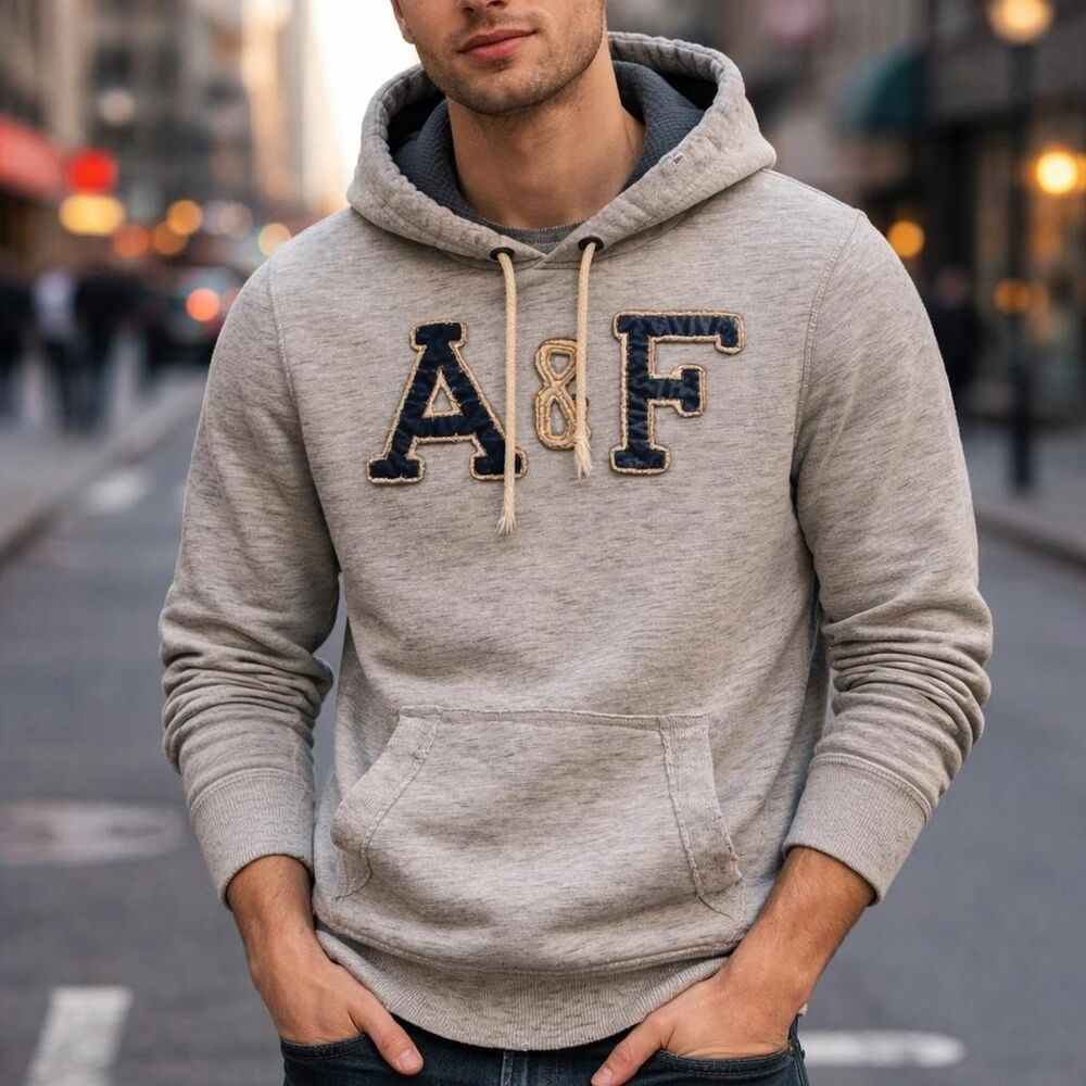 Abercrombie Fitch Men's Grey Hoodie Medium Muscle Fit Thermal Y2K Logo Distress